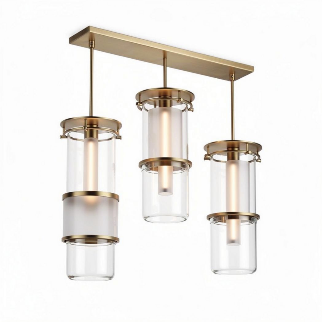 Brass three-light pendant ceiling fixture with frosted and clear glass shades