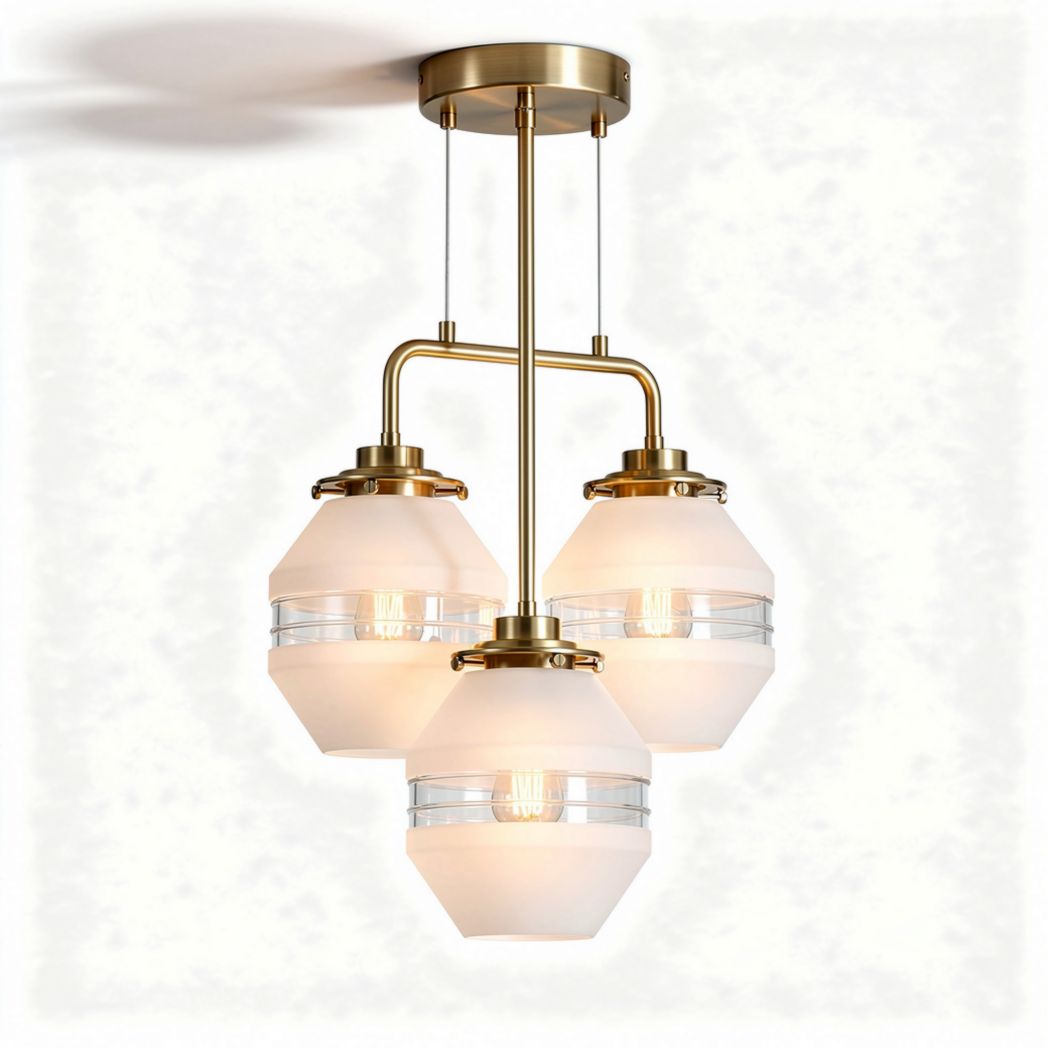Three-light geometric pendant lamp with frosted glass shades and metal finish 20 x 20 x 30cm