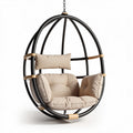 Hanging egg chair with fabric cushions and metal frame for indoor outdoor use
