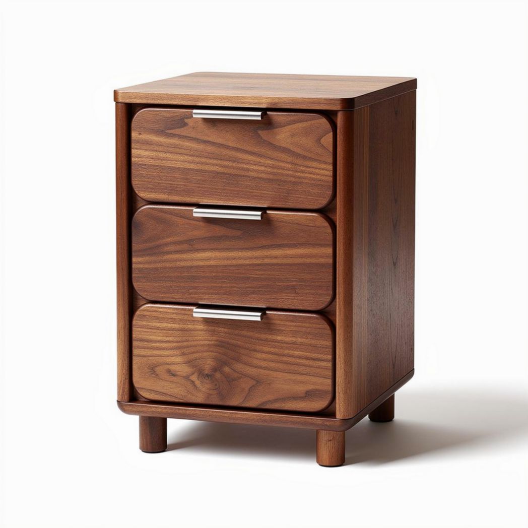 Wooden nightstand with three drawers and silver handles 40 x 30 x 60cm