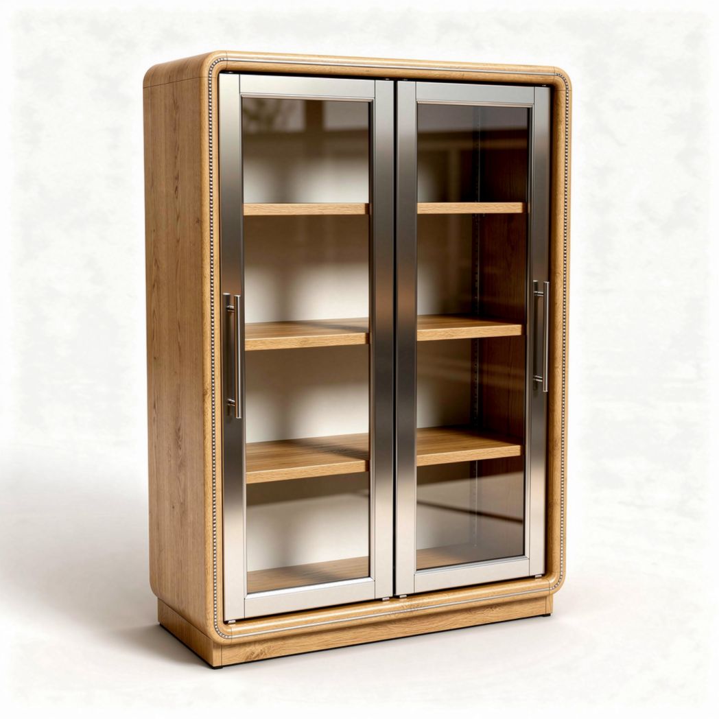 Glass door display cabinet with wooden shelves and stainless steel frame 80 x 40 x 130cm