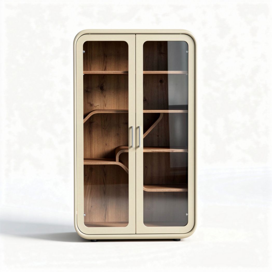 Glass door storage cabinet with wooden shelves in cream color 90 x 45 x 180cm