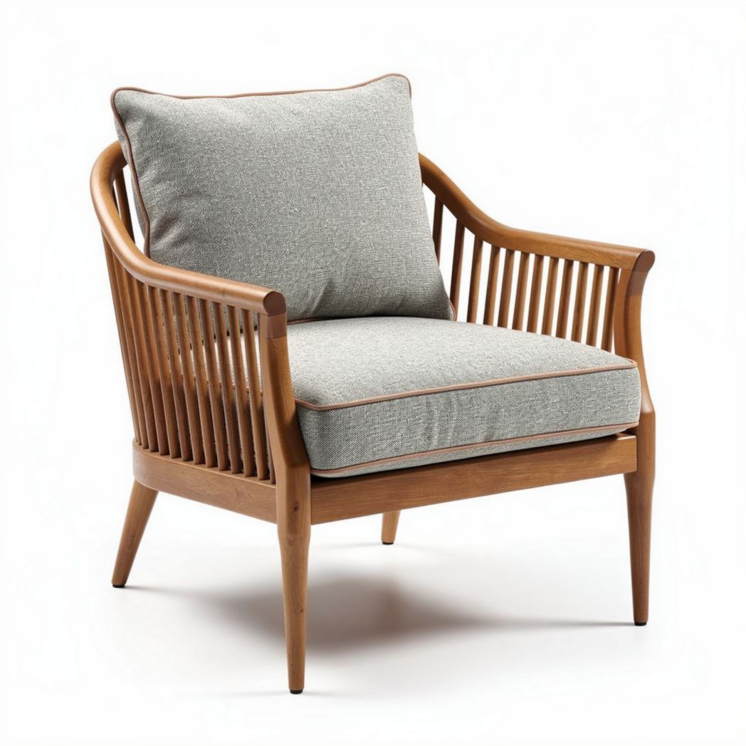 Wooden armchair with upholstered seat cushion and slatted back design