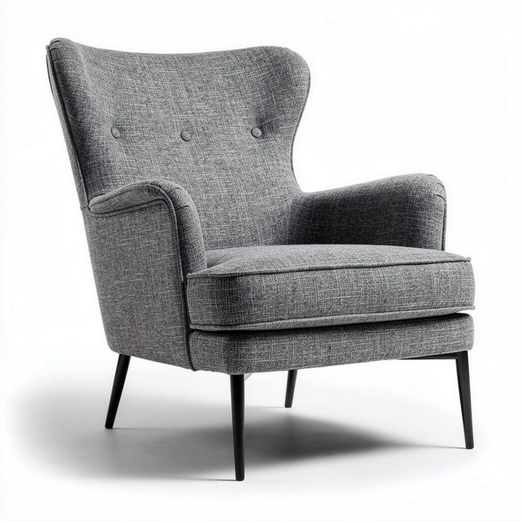 Modern gray upholstered armchair with button-tufted design and metal legs 80 x 75 x 90cm